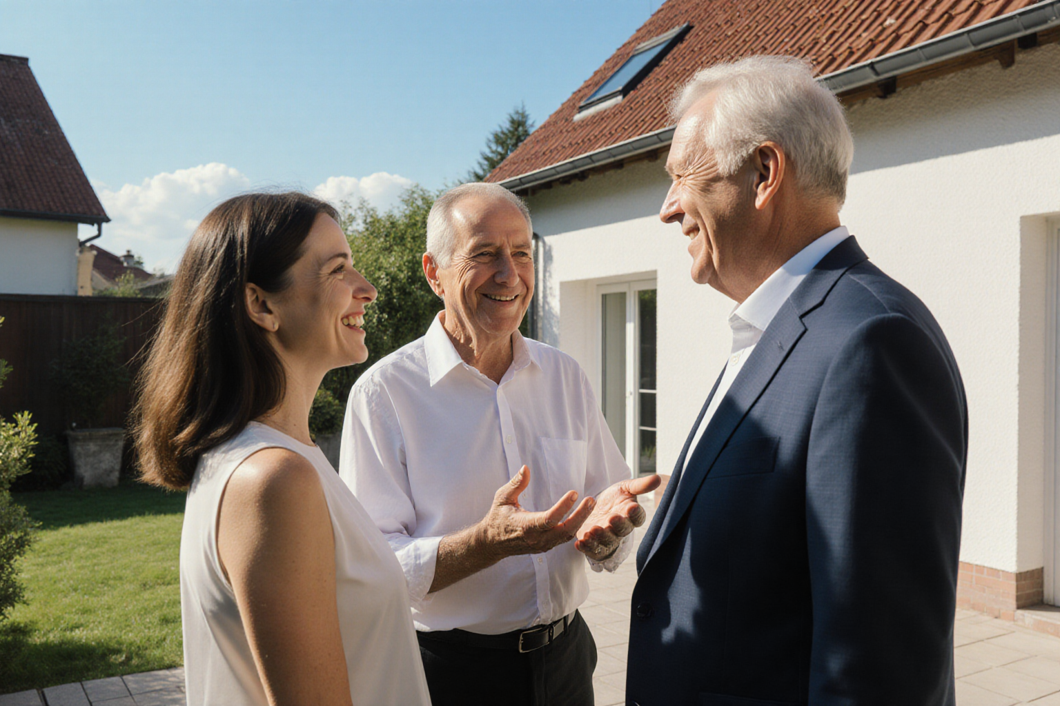 Immobiliengespräch vor Haus und Garten